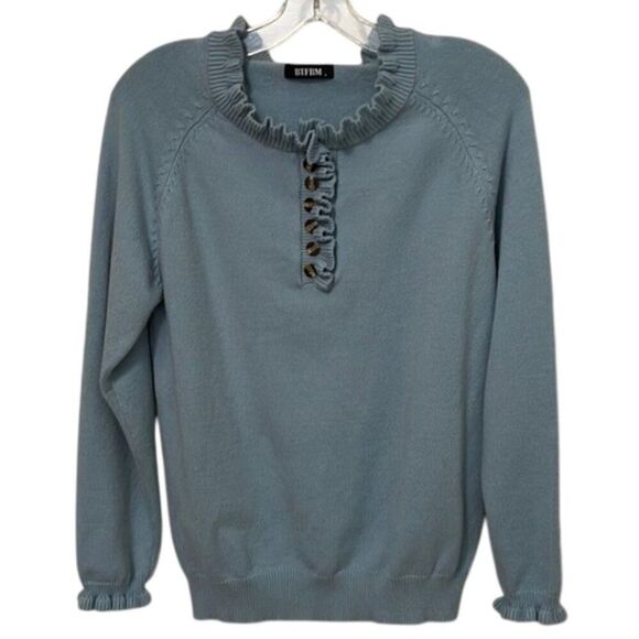 BTFBM Blue Knit Sweater Womens Size Large Ruffles Long Sleeves - Picture 1 of 10